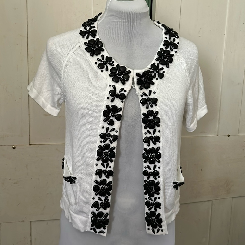 EC Short Sleeve Cropped Cardigan Y2K Black Beads on White Bolero Jacket Shacket